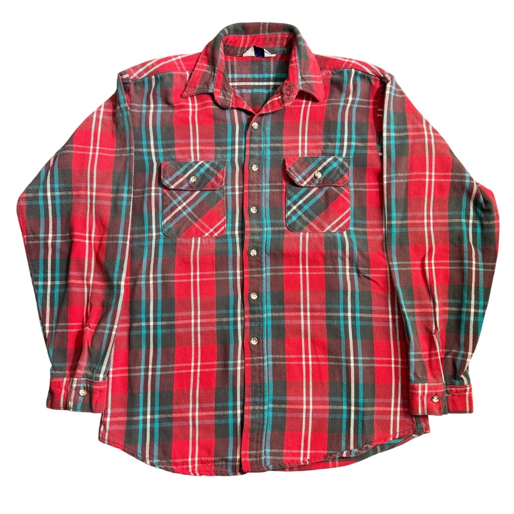 Vintage Five Brother Plaid Flannel Shirt Mens Tall L Red Teal Made in USA 80s